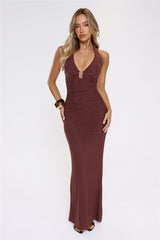 Sultry Ruched Halter Maxi Dress Chocolate