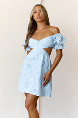Love That Lasts Off Shoulder Embroidered Mini Dress Blue