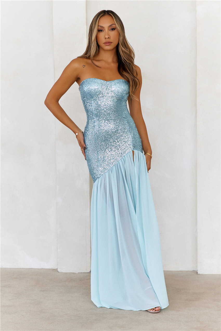 HELLO MOLLY Extravagant Couture Sequin Strapless Maxi Dress Aqua
