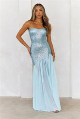 HELLO MOLLY Extravagant Couture Sequin Strapless Maxi Dress Aqua