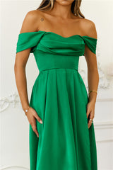 Golden Affair Off Shoulder Satin Maxi Dress Green
