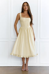 Chic Pleated Corset Bodice Midi Dress Yellow