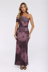 Mischief Glow Off Shoulder Mesh Maxi Dress Brown