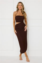 Midnight Enchantment Halter Mesh Midi Dress Brown
