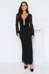 Golden Flower Mesh Long Sleeve Maxi Dress Black