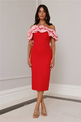 Kinsey Off Shoulder Frill Midi Dress Red