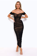 Power Moves Off Shoulder Mesh Maxi Dress Black
