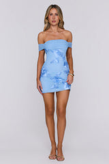 Saltwater Sonata Off Shoulder Mesh Mini Dress Blue