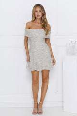 Glittering Dreams Sequin Off Shoulder Mini Dress Beige