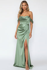 Silken Starlet Off Shoulder Satin Maxi Dress Olive