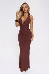 Sultry Ruched Halter Maxi Dress Chocolate