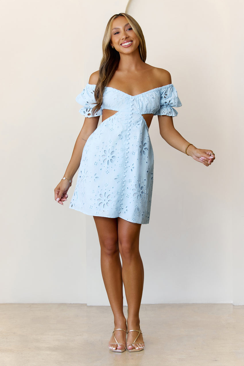 Love That Lasts Off Shoulder Embroidered Mini Dress Blue