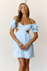 Love That Lasts Off Shoulder Embroidered Mini Dress Blue