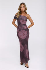 Mischief Glow Off Shoulder Mesh Maxi Dress Brown