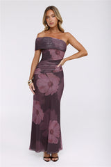 Mischief Glow Off Shoulder Mesh Maxi Dress Brown