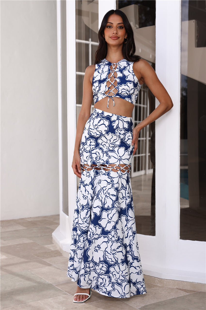 RUNAWAY Kelani Maxi Skirt Navy Floral