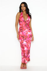 Ink Paint Halter Satin Maxi Dress Pink