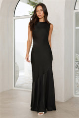 Whimsical Roses Satin Maxi Dress Black