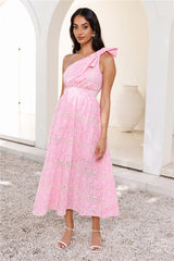 Springtime Chic One Shoulder Midi Dress Pink
