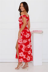 Sunlit Florals Mesh Off Shoulder Maxi Dress Red