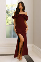 Manhattan Nights Off Shoulder Maxi Dress Maroon