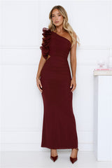 Luxe By Moonlight One Shoulder Mesh Maxi Dress Wine