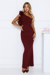 Luxe By Moonlight One Shoulder Mesh Maxi Dress Wine