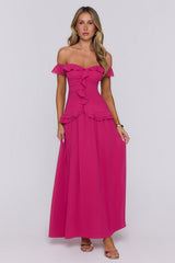 Dewy Glow Off Shoulder Maxi Dress Magenta
