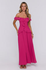 Dewy Glow Off Shoulder Maxi Dress Magenta