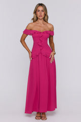 Dewy Glow Off Shoulder Maxi Dress Magenta