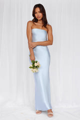 The Felicity Strapless Satin Maxi Dress Blue