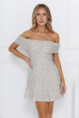 Glittering Dreams Sequin Off Shoulder Mini Dress Beige