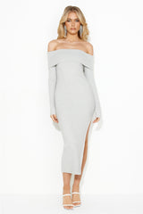 Winter Ice Ribbed Off Shoulder Midi Dress Grey